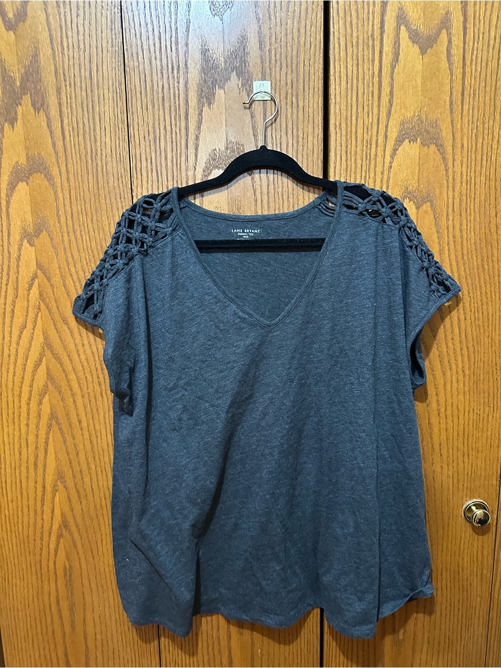 Lane Bryant Swing Tee 18/20 Dark Gray Crochet Shoulder V-Neck Top Plus Size